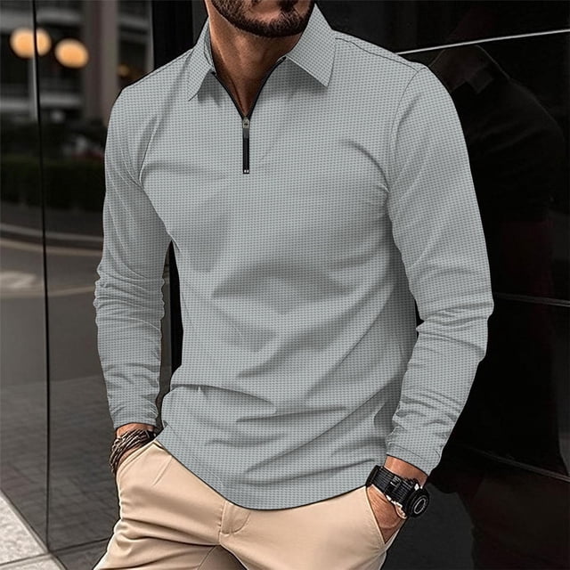 Blusa y camisa de manga larga con cuello vuelto para hombre, informal, de color liso, de manga larga, con cremallera y solapa a rayas, blusa de manga larga con cuello vuelto, blusa de poliéster para h