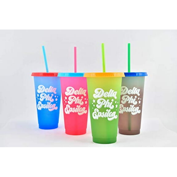 Sorority Shop Delta Phi Epsilon Color Changing Cups - Pack of 4 Reusable Cups with Lids and Straws, Delta Phi Epsilon Cup, Perfect Size 24 Oz Tumbler Cups, Mix and Match Lids With Cool Retro Design