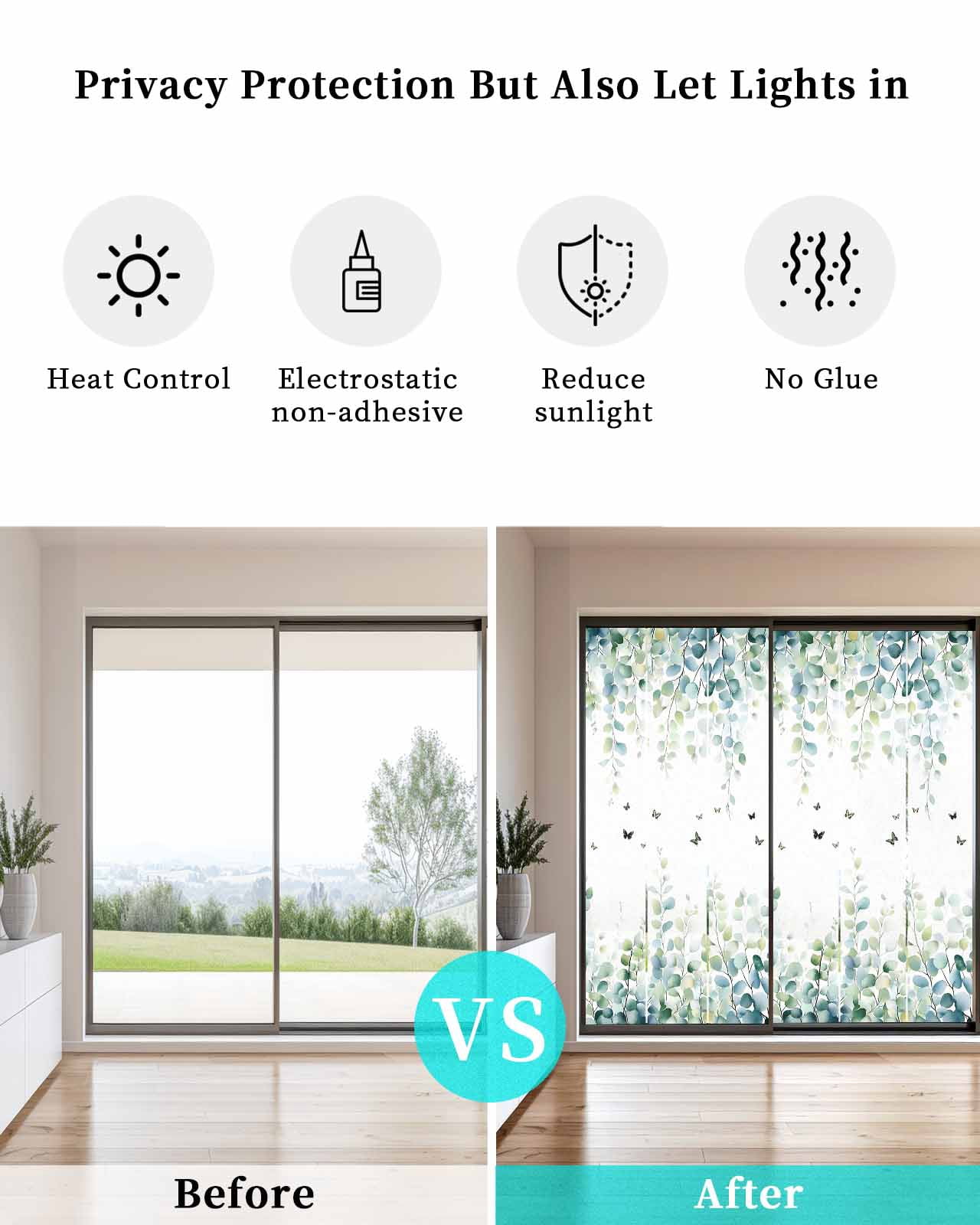 Window Privacy Film Blue Green Eucalyptus Stained Glass Window Film Decorative Sun Block Window Cover Sage Gradient Leaves Butterfly Window Clings Static Adhesive Sticker for Bathroom 35.4"x78.7"