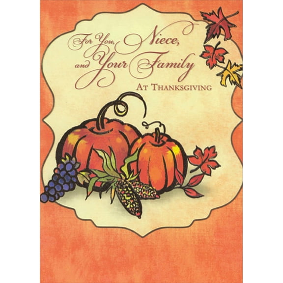 Designer Greetings Pumpkins, Grapes and Corn : Cream Scalloped Frame on Orange Thanksgiving Card for Niece and Family