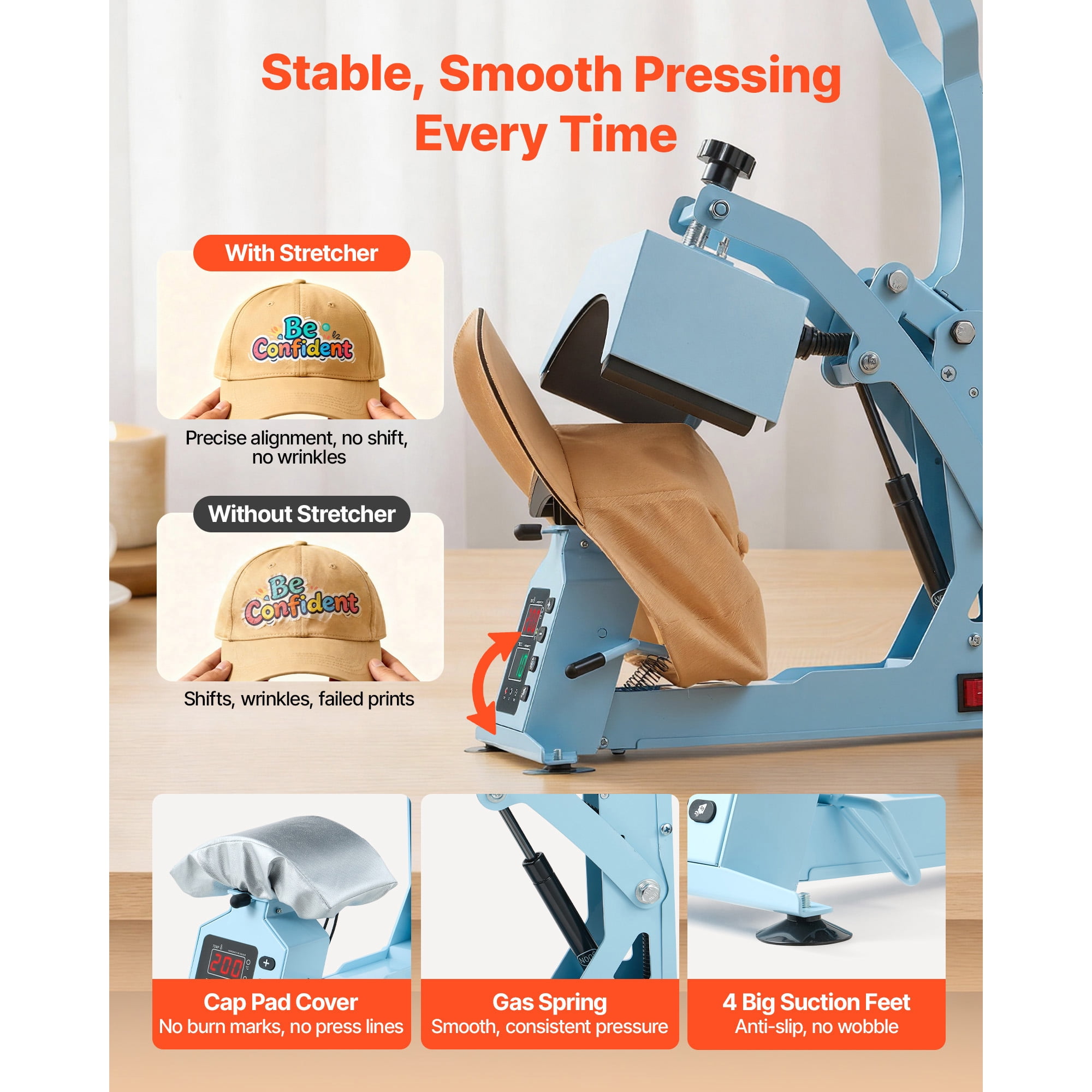 KFFKFF Hat Heat Press Machine with Dual Interchangeable Platens and Cap Stretcher, Accurate Temperature and Time Settings, Ideal for Heat Transfer Vinyl and Sublimation on Hats and Caps, Light Blue