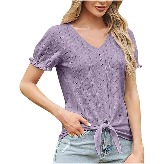TKLPEHG Women's Summer Tops Short Sleeve V Neck Hollow Out T Shirts Dressy Casual Tie Front Tops Eyelet Blouses Tunic (Purple,M)