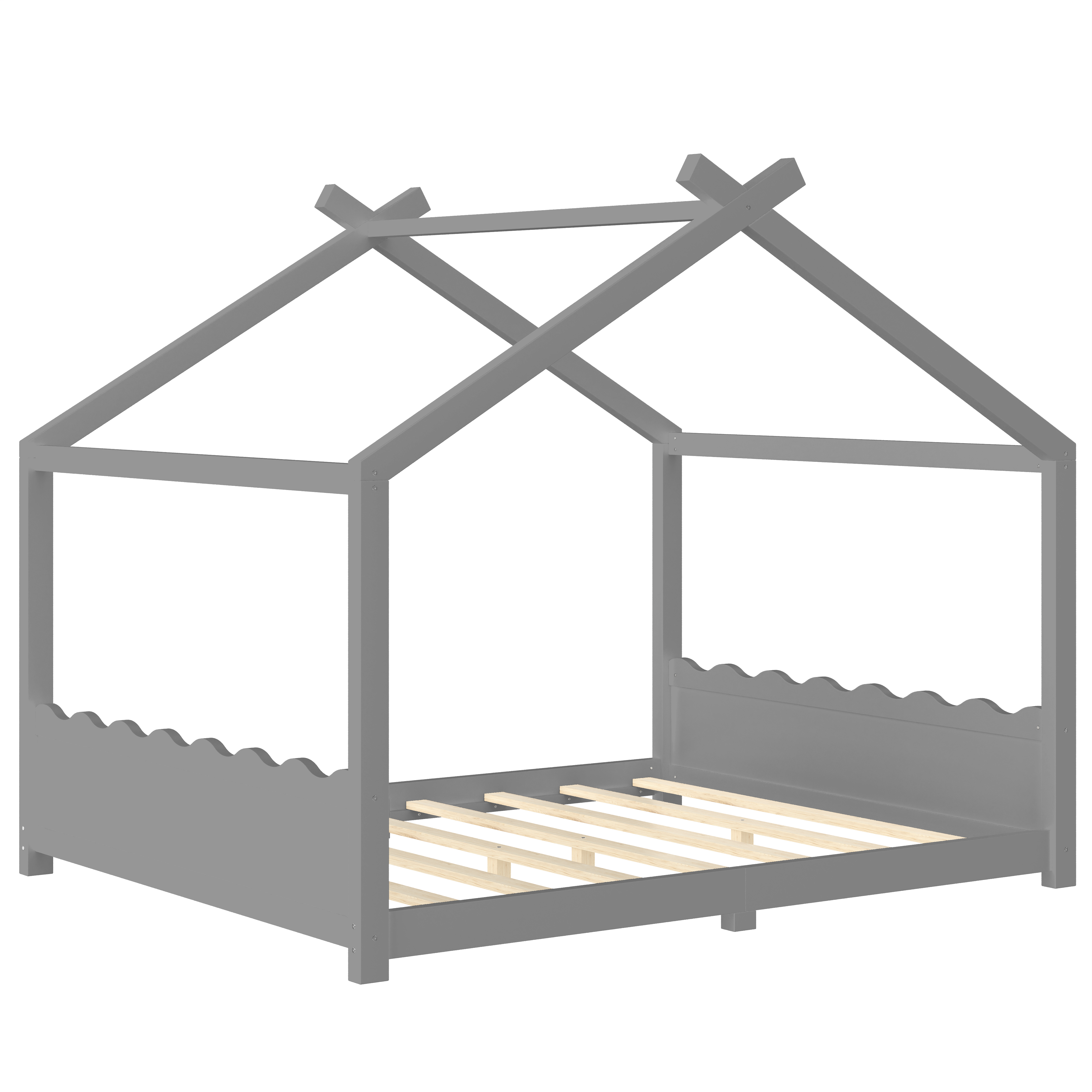Yoneston Queen House Floor Bed with Roof, Solid Wood Platform Bed Frame with Opening Constructure for Kids, No Box Spring Needed, Gray