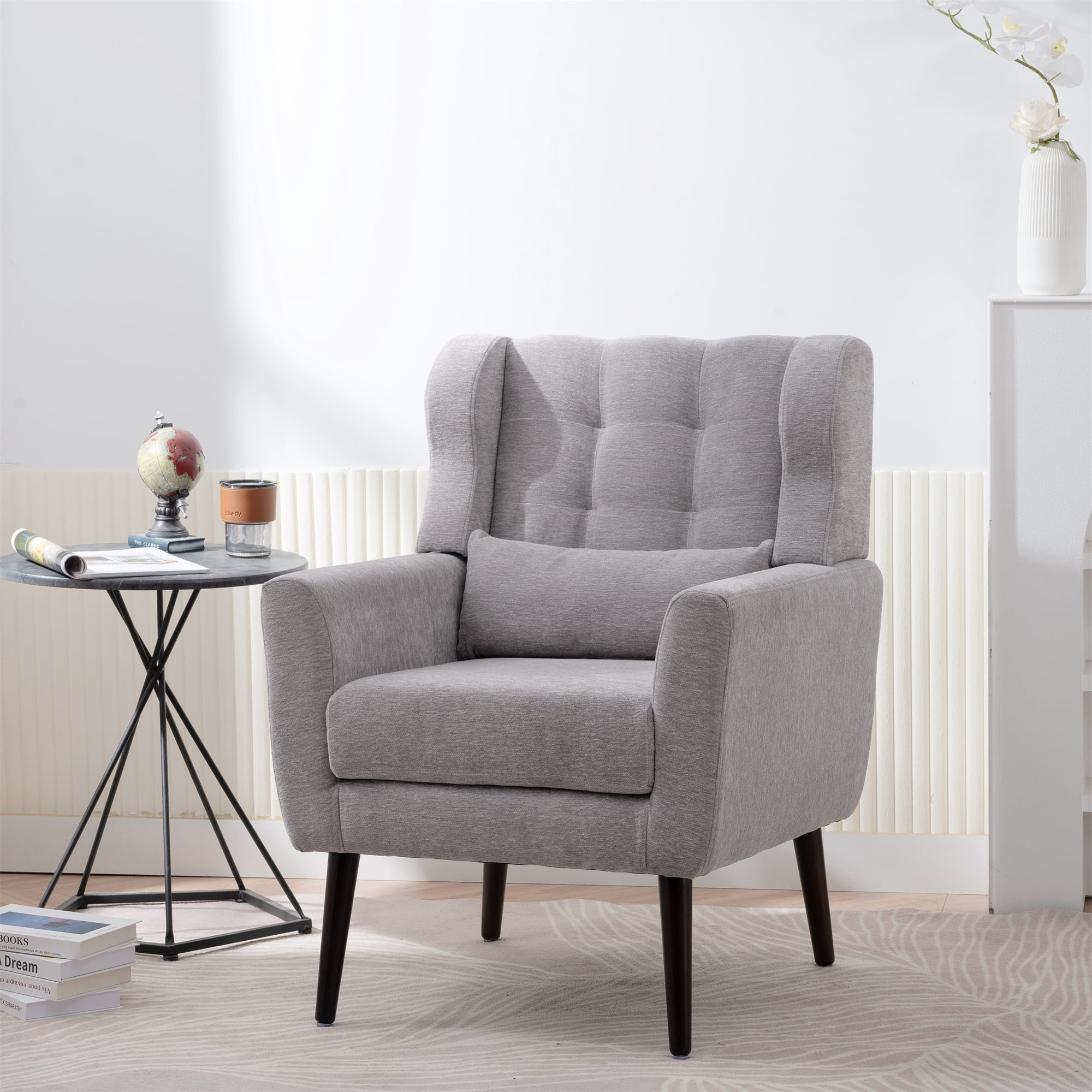 Leumius Modern Accent Chair with Solid Wood Leg, Chenille Armchair with Pillow, Comfy Soft Padded Lounge Chair for Small Space, Bedroom, Living Room Grey