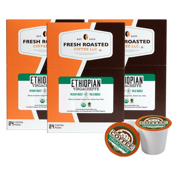 Fresh Roasted Coffee, Organic Ethiopian Yirgacheffe Coffee Pods, Medium Roast, K-cup Compatible, 72 Count
