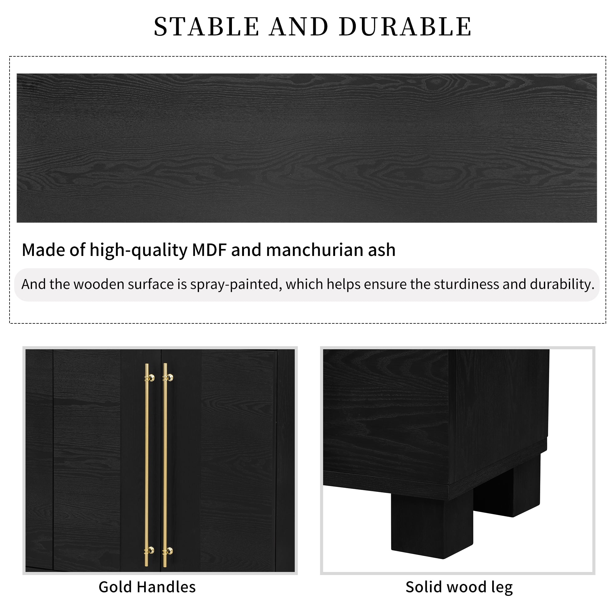 Vastcury 60" Traditional Style 4 Door Kitchen Sideboard Cabinet, Storage Coffee Bars with Gold Handles for Living Room, Black
