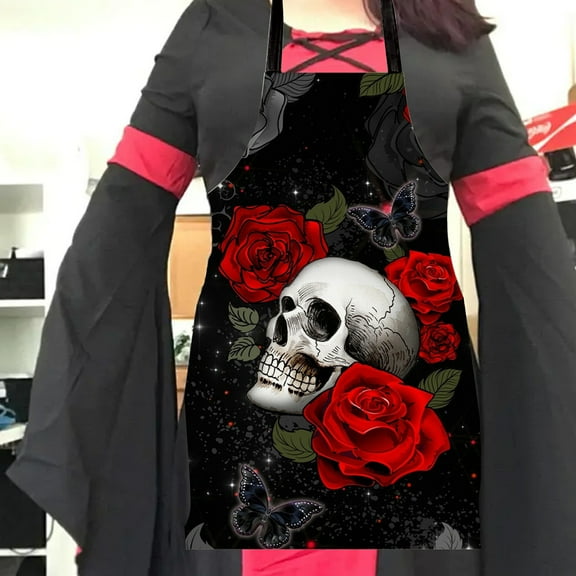 RnemiTe-amo Halloween Skull Apron Set Apron Home Kitchen Cooking Baking Gardening for Women Men with Pockets Skeleton Rock Skull Halloween Happy
