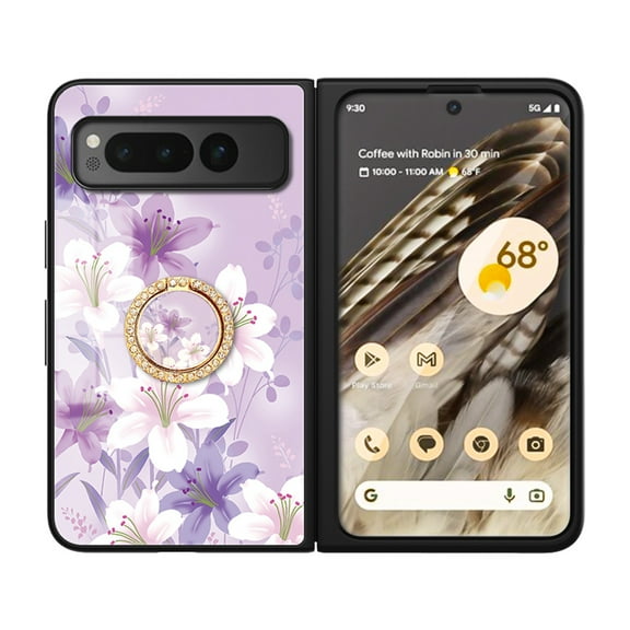 Allytech Google Pixel Fold Case with Glitter Ring Holder, Flower Pattern Fashion Desing Protective Shockproof Anti-Scratch Slim Lightweight Case Cover for Google Pixel Fold - Purple