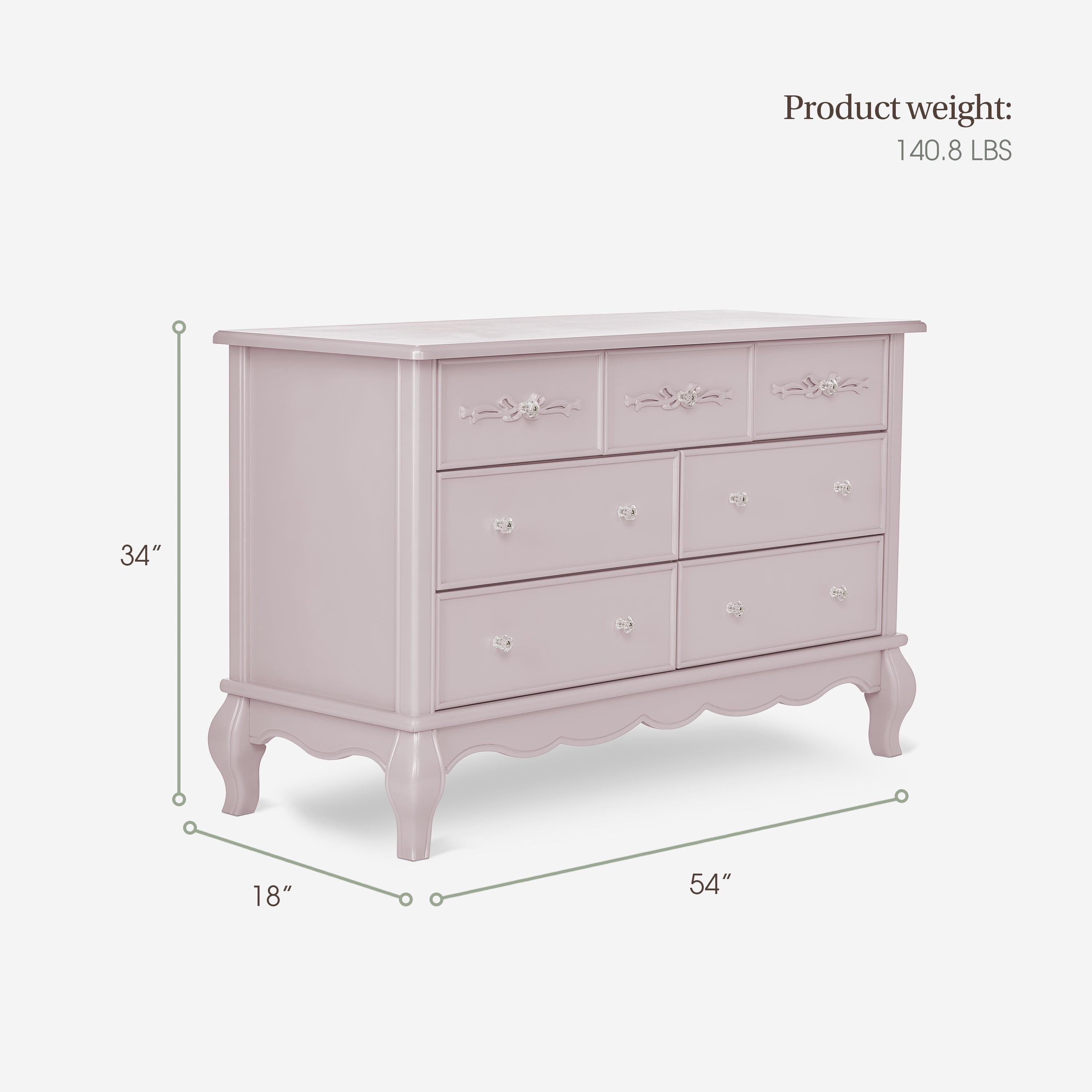 Evolur Aurora 7-Drawer Double Dresser in Pink Pearl, Spacious Drawers