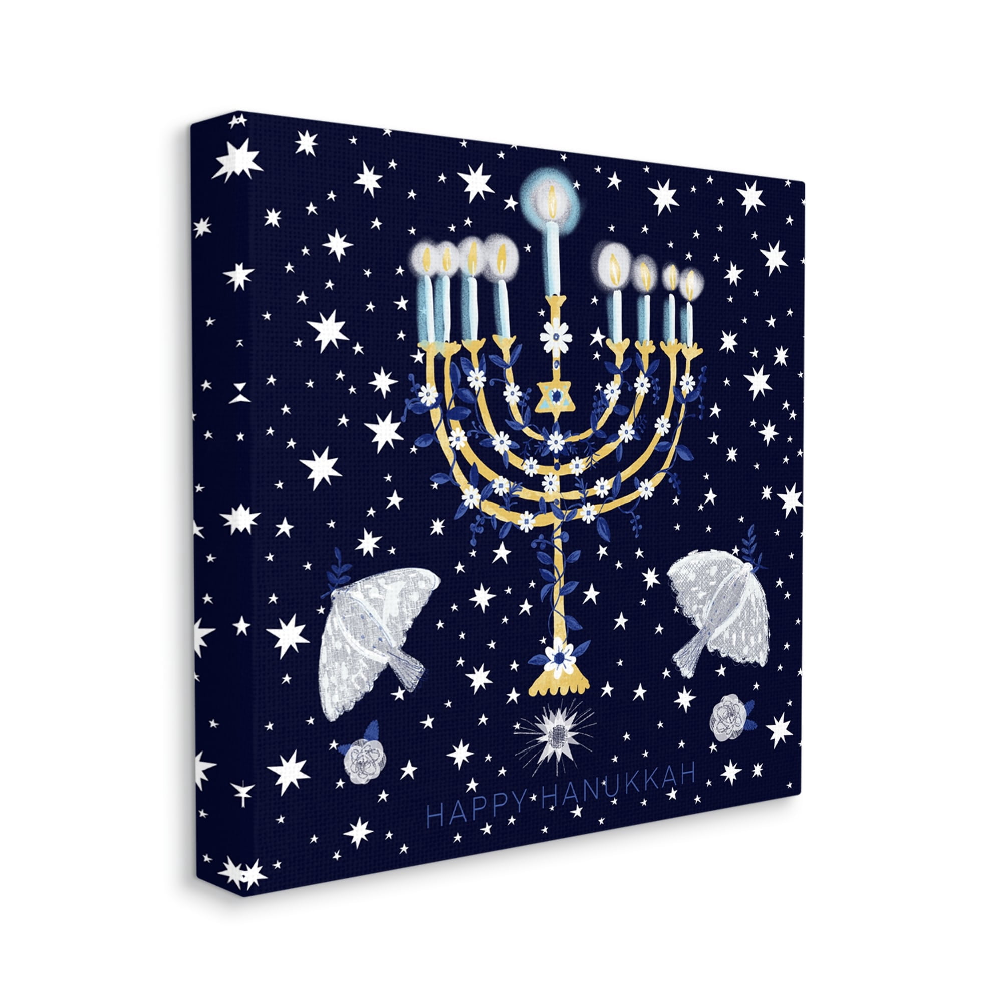 Stupell Industries Happy Hanukkah Starry Menorah Holiday Painting Gallery Wrapped Canvas Print Wall Art