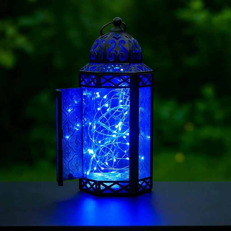 Moroccan Metal Candle Lantern Holder with LED Fairy String Lights