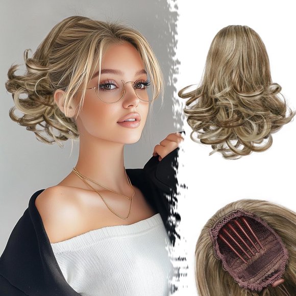 shiyou-Drawstring Ponytail Extension - 10 Inch Short Wavy Highlight Ponytail Extensions for Women - Synthetic Comb Clip in Ponytail Hairpieces Fake Pony Tails - Medium Brown with Highlights
