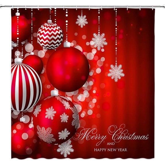 Red Christmas Shower Curtain Xmas Balls Snowflake Winter Holiday Snowy Happy New Year Merry Christmas Balls Decoration Fabric Bathroom Curtain Set with Hook