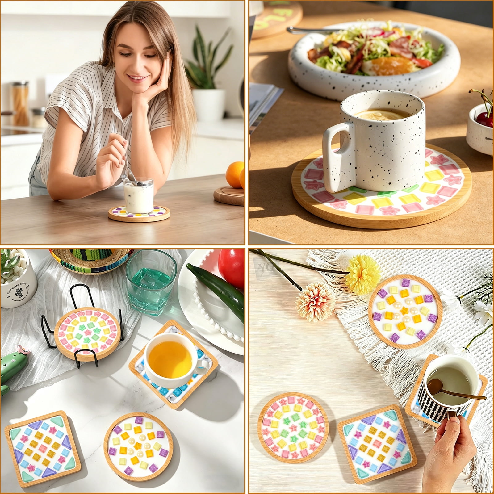 Austok 4 Pcs DIY Mosaic Kit for Adult Glass Tile for Craft with Bamboo Cup Pad for Women Mixed Color Mosaic Art Craft Cup Mat Project Handmade Making Kit Set for Home Decor Present
