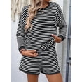 thumbnail image 5 of 2 Piece Sets for Women Summer Cute Stripe Long Sleeve Knit T Shirts Shorts Matching Lounge Set Black S, 5 of 8