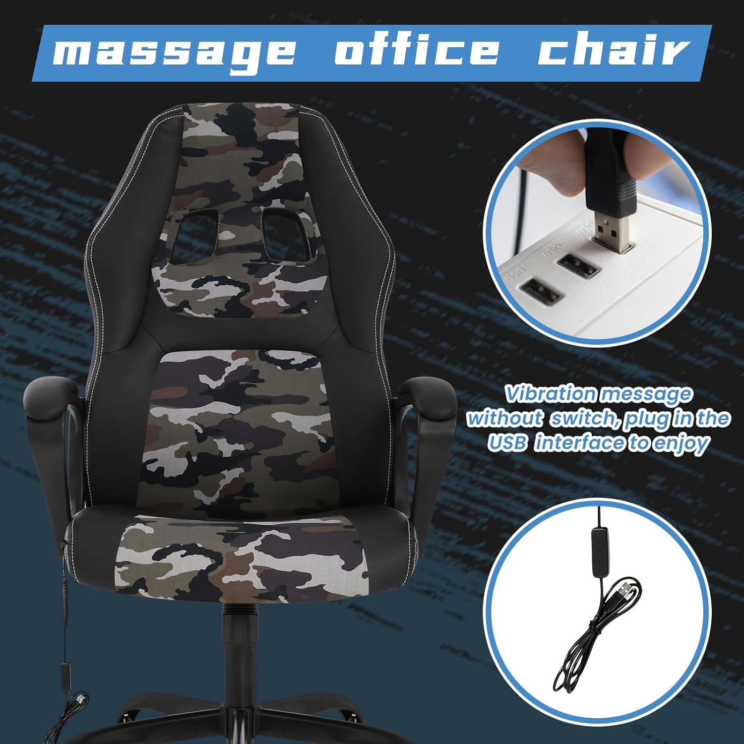 Dkelincs Gaming Chair Massage Computer Chair Ergonomic Video Game Chairs, Adjustable Office Desk Chair with Lumbar Support & Armrest for Teens & Children, Camo