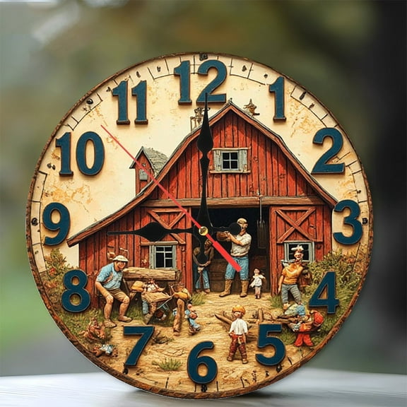 Farmhouse Barn Scene Wall Clock Rustic Decor 10-Inch Silent Wooden Wall Clock, Battery Operated (AA Batteries Not Included), Artistic Home Decor