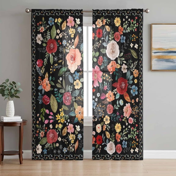 Watercolor Flowers Semi Sheer Window Curtains 108 Inches Long, Farmhouse Floral Vintage Black Rod Pocket Voile Chiffon Curtain Light Filtering Drapes for Living Room, Kitchen, 52"x108", 2 Panels