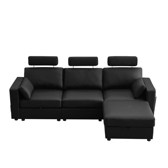 WUTUTUEE L-Shaped Sectional Sofa with Storage Ottoman, Adjustable Headrests & Side Pockets, 3-Seater Faux Leather Cloud Couch, Black