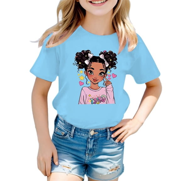 YAYUBA Girls Shirts Size 6 Cartoon Print Crew Neck Back To School Short Sleeve T-Shirt Soft Blouse Tops Preppy Little Girls Clothes, 7-8 Years, Blue