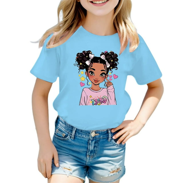 MEZZALL T-Shirt Graphique Mignon pour Filles, Col Rond, Manches Courtes, T-Shirts d'Été Décontractés, Bleu, 13-14 Ans