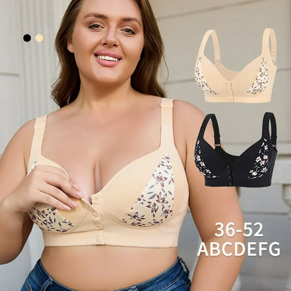 CFLVAEK Women's Plus Size Bras Front Close No Underwire Everyday Bra Full Coverage Breathable Push Up Bralette Comfy Stretch Everyday Bras for Senior Ladies Beige 52C