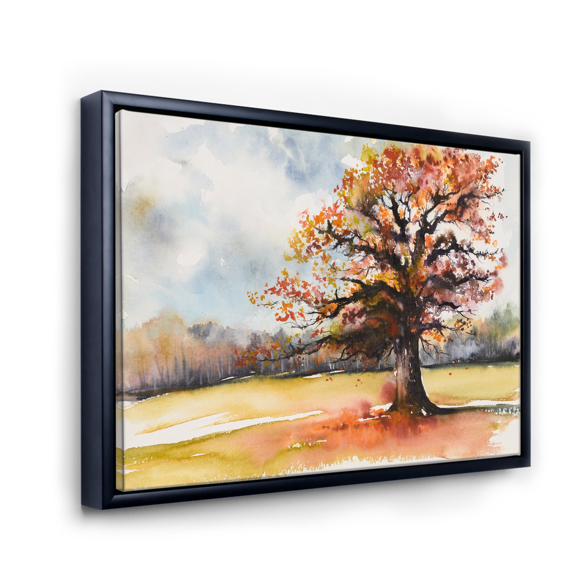Designart 'Lone Oak Tree In The Fields With Autum Leaves' Traditional Framed Canvas Wall Art Print