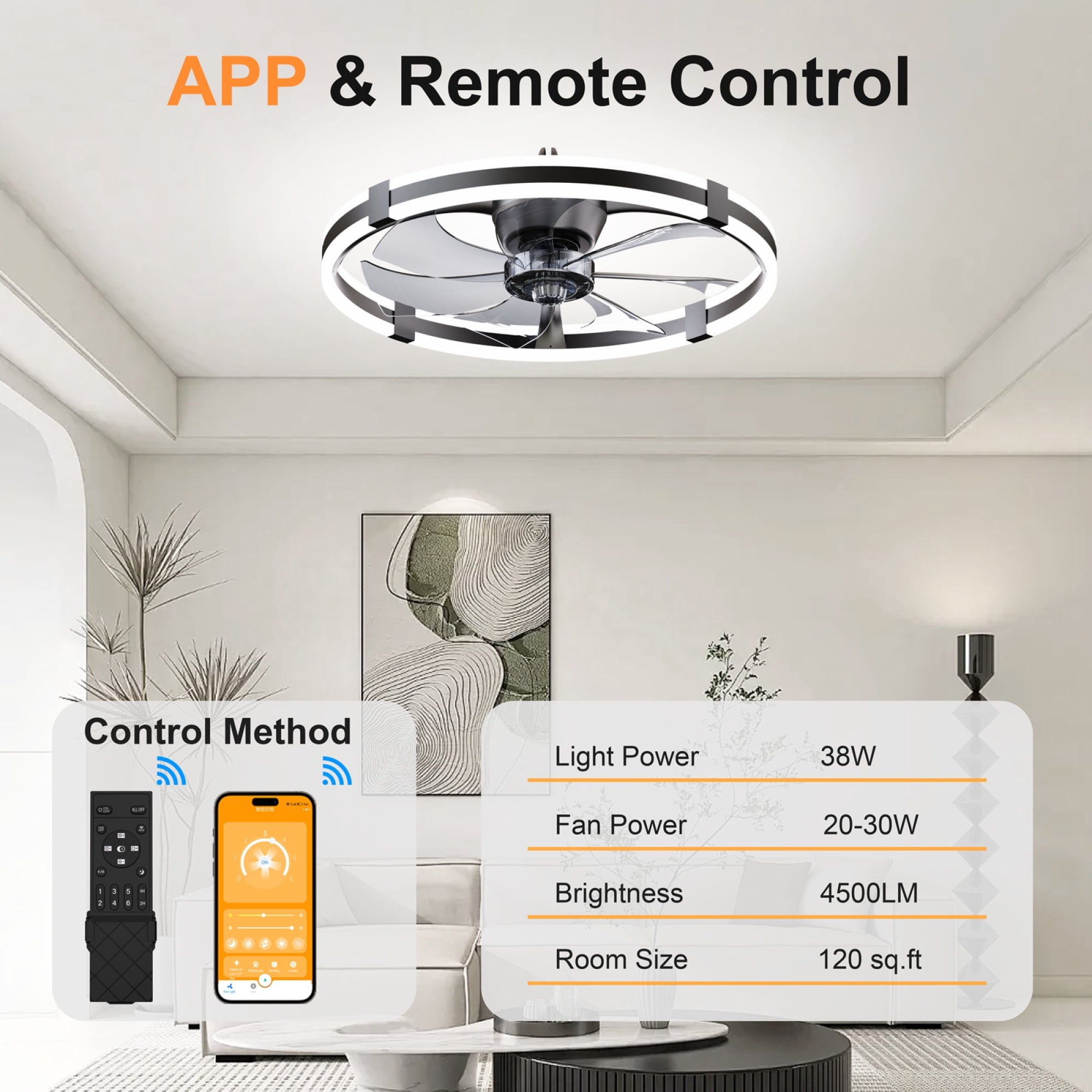 Leumius 23.6" LED Ceiling Fan with Light Remote DC Motor Aluminum Body 6-Speed Infinite Dimming LED Ceiling Fan for Bedroom Living Room Black