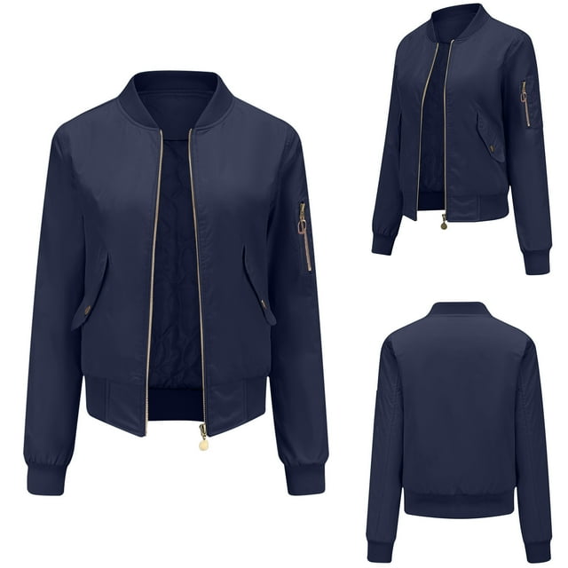 IROINID Veste Courte Décontractée pour Femme à Col Montant, Blouson Bomber Uni à Manches Longues, Bleu Marine