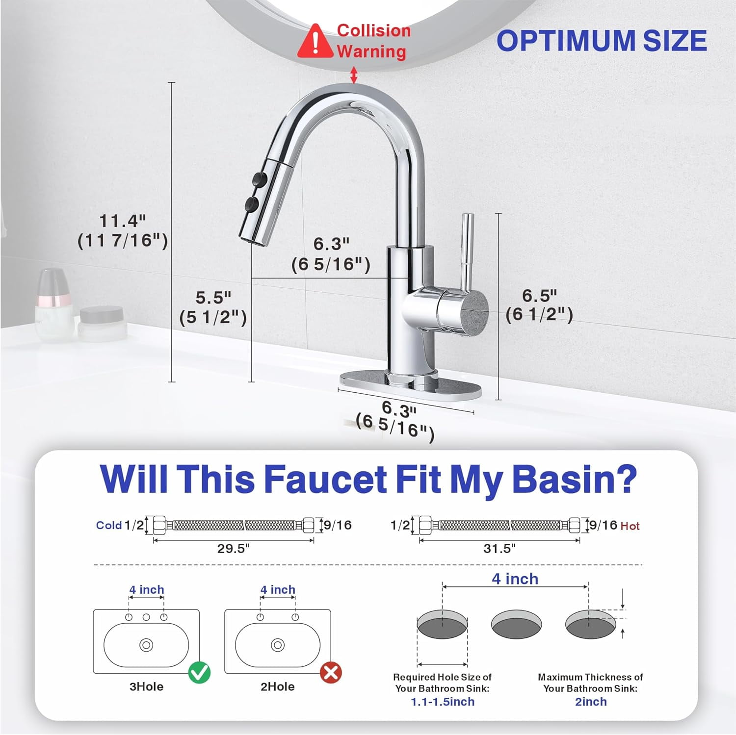 Bathroom Sink Faucet with Pull Down Sprayer, Chrome Single Handle Pull Out Faucet with Pop-Up Drain, 1 or 3 Hole Laundry Bar Basin Faucet with Deck Plate