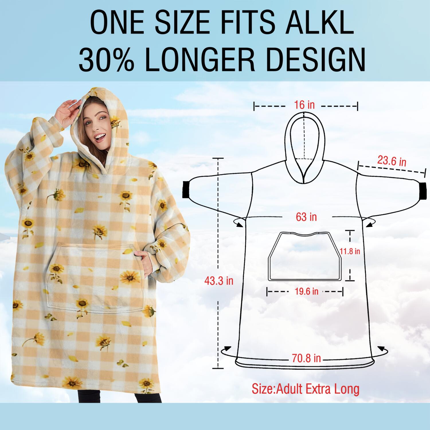 Oversized Wearable Blanket Hoodie,Orange White Checker Sunflower Pattern Sherpa Blanket Hoodie with Super Pockets,Super Warm Fuzzy Pullover for Women & Men