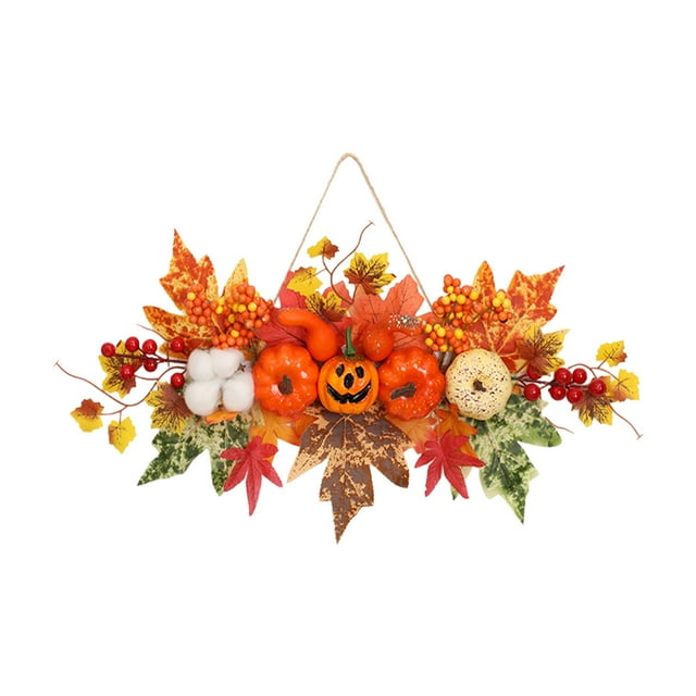 Qocolhg Décorations d'Halloween Intérieur Extérieur, Couronne de Citrouille Feuille d'Érable d'Halloween Automne Feuille d'Érable et Mini Citrouilles Suspendues avec Récoltes d'Automne pour Cheminée Porche et Fête