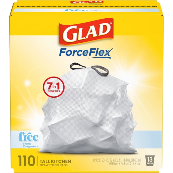 Glad ForceFlex Tall Kitchen Drawstring Trash Bags, 13 Gal, Fragrance Free, 110 Count