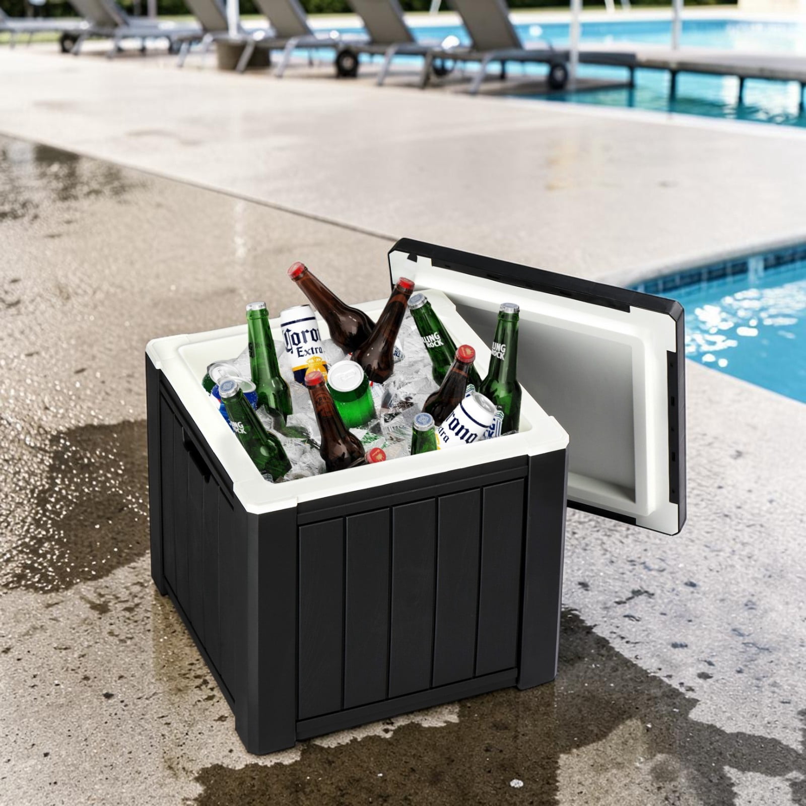 Tcbosik Portable Cooler Table with Handles, 10 Gallon Ice Chest with Storage, Cocktail Side Table for Camping, Fishing, Picnic, BBQ, Black