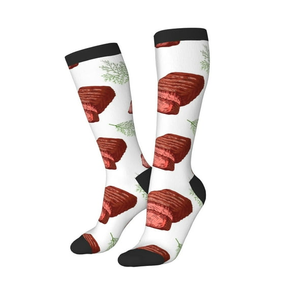 Knee High Socks for Women Men Athletic - steak Print Thigh-High Black Sole Comfort Breathable Long Socks for Casual Travel Running