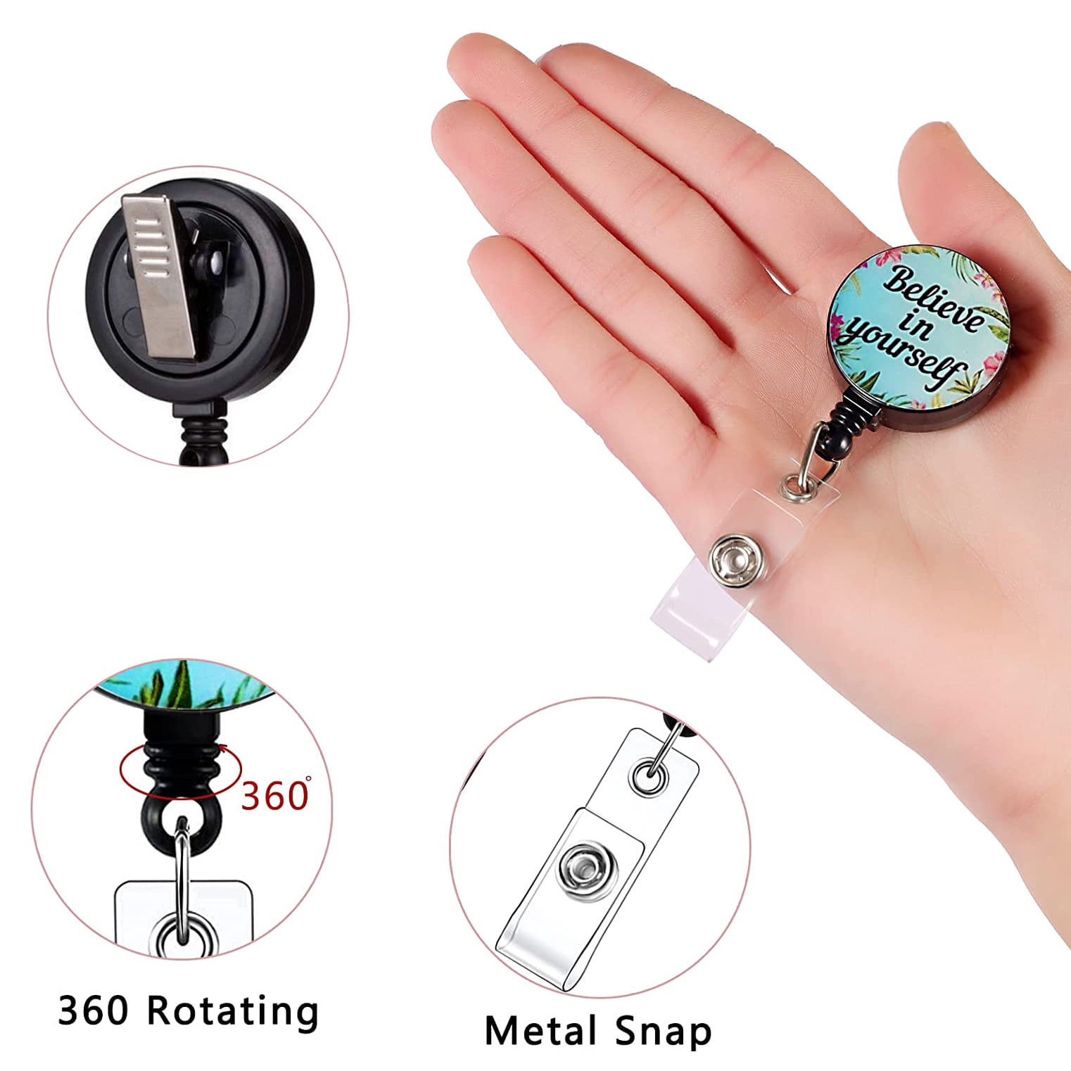 3 Pack Retractable Badge Reels With Carabiner Clip & Key Ring - Extends To 24", Marble Design For Nurses, Office, Teachers