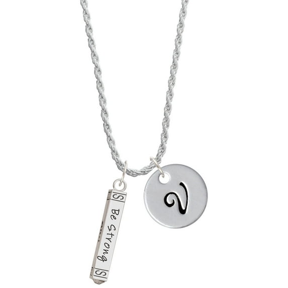Delight Jewelry Silvertone Be Strong and Courageous Bar Silvertone Script Initial Disc - V - Charm Necklace, 20"+3"
