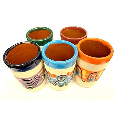 Made In Mexico Hand Painted Pottery Barro Clay Tequila Shots Glasses Set of 5 Assorted - Vaso (The Best Tequila For Shots)