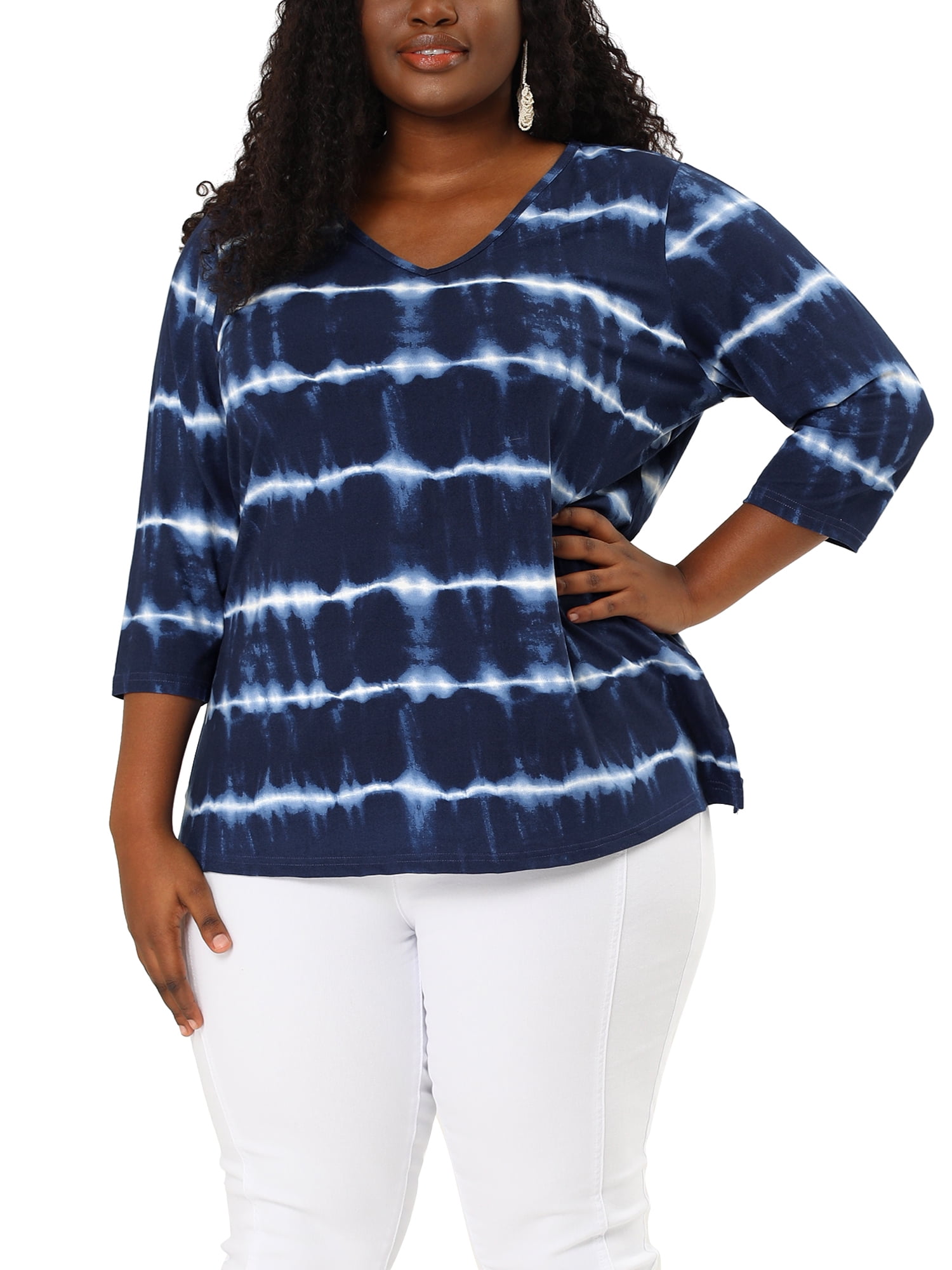 Agnes Orinda Women's Plus Size Tie Dye V Neck Relaxed Fit 3/4 Sleeve Stripe Tops