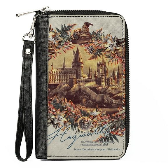 The Wizarding World of Harry Potter Wallet, Zip Around, Harry Potter Hogwarts Castle Floral Collage Gray, Vegan Leather
