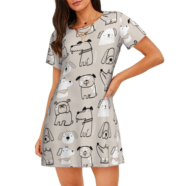 Fotbe Puppy Bata de Dormir para Mujer con Estampado, Camisón de Algodón de Manga Corta, Ropa de Dormir Casual