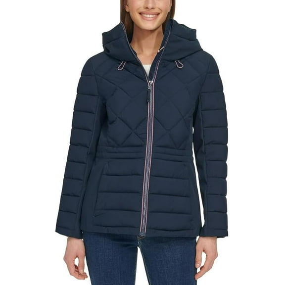 Tommy Hilfiger Women's Hooded Stretch Shell Quilted Jacket - Winter Coat for Women - Outwear with Pockets ( Blue XS)