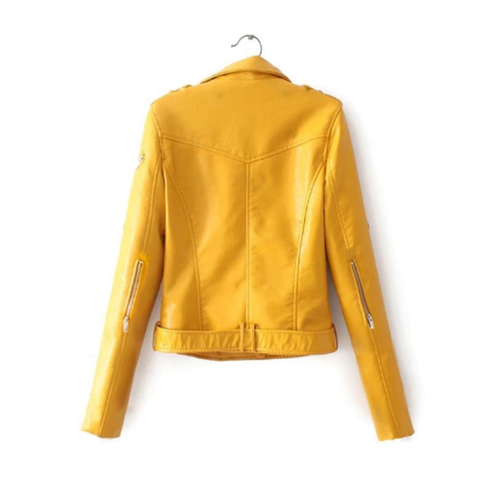 Hevirgo Solid Color Women Faux Leather Lapel Motorcycle Jacket Long Sleeve Zip Up Coat