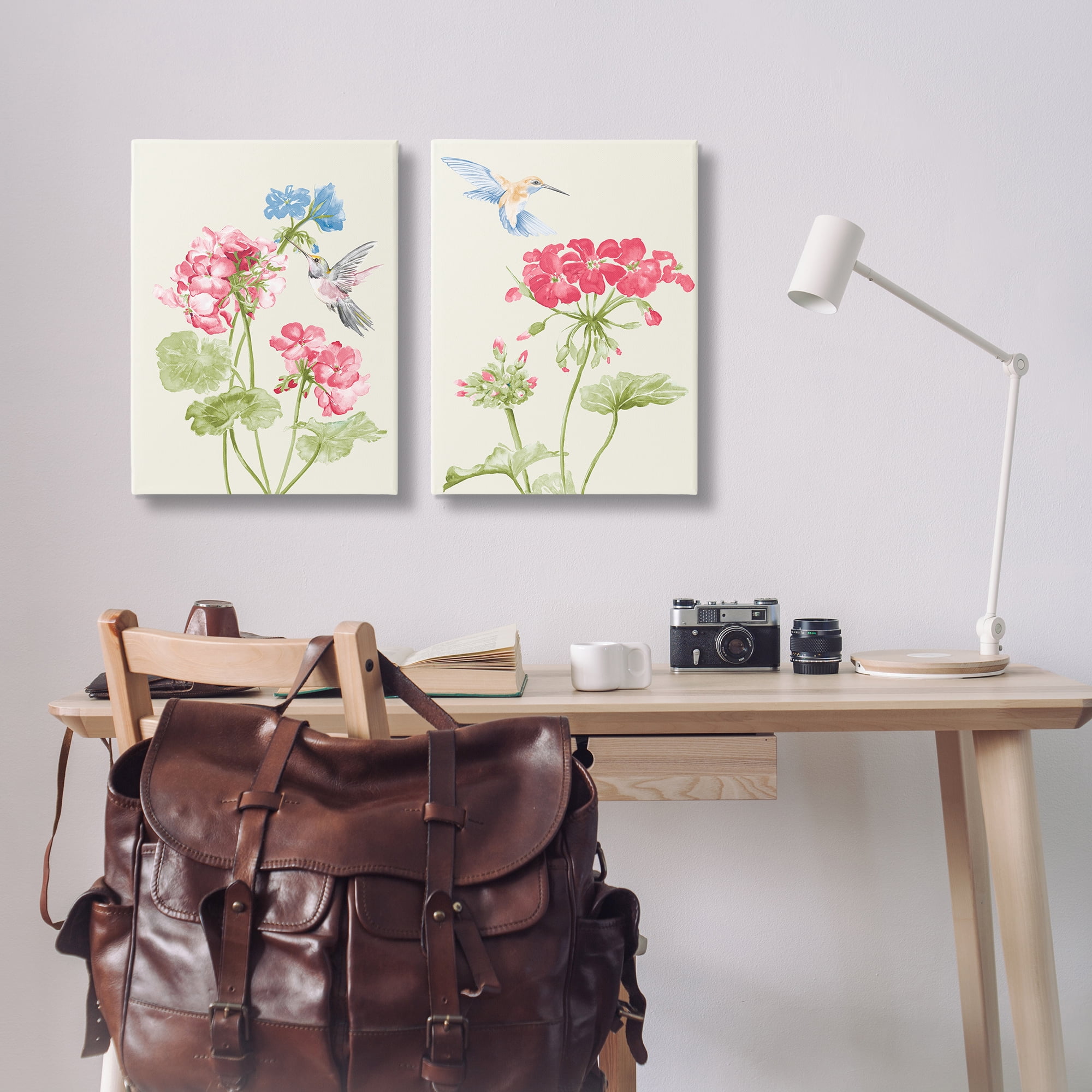 Stupell Industries Pink Geranium Hummingbirds Plants & Flowers Painting Wrapped Canvas Art Print Wall Art, 20 x 30, Set of 2