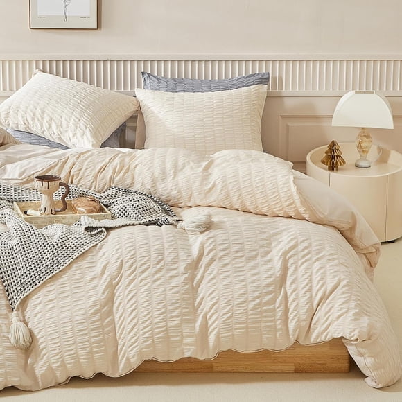 Duvet Cover Set King Size, 3pcs Washed Microfiber Beige Bedding Set, Soft Breathable Striped Textured Seersucker Duvet Cover with Zipper Closure & Corner Ties(Beige, King)