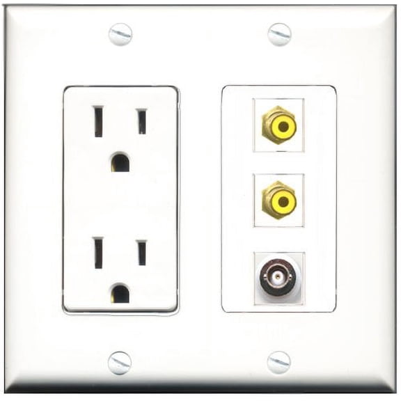RiteAV - 15 Amp Power Outlet 2 Port RCA Yellow 1 Port BNC Decorative Wall Plate