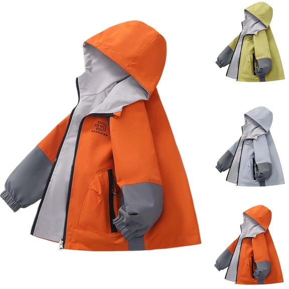 DJDLJWCJ Boys Windbreaker Jacket (3-15) Waterproof Hooded Reversible Jacket Spring/Fall Zip Up Outerwear for Kids Orange Size 14
