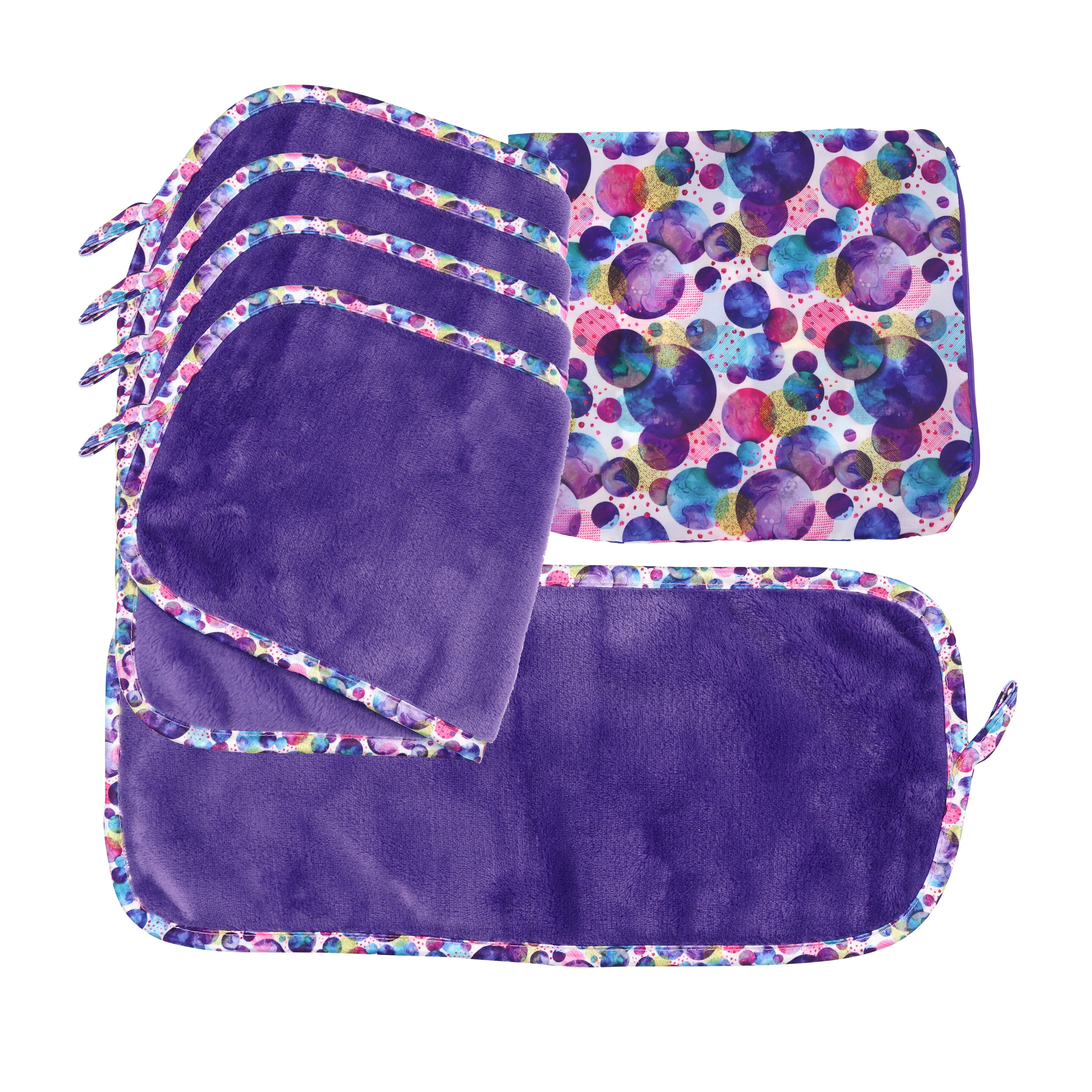 Arkwright Makeup Removal Facial Cloth Set (5 Pack of 16' x 7' Soft Microfiber Towels & Decorative Travel Bag), Circles Design