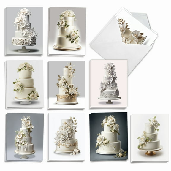 The Best Card Company 20 Assorted Wedding Congratulations Notecards Boxed Set 4 x 5.12 Inch with Envelopes (10 Designs, 2 Each) Matrimony Cakes AM10043WDG-B2x10