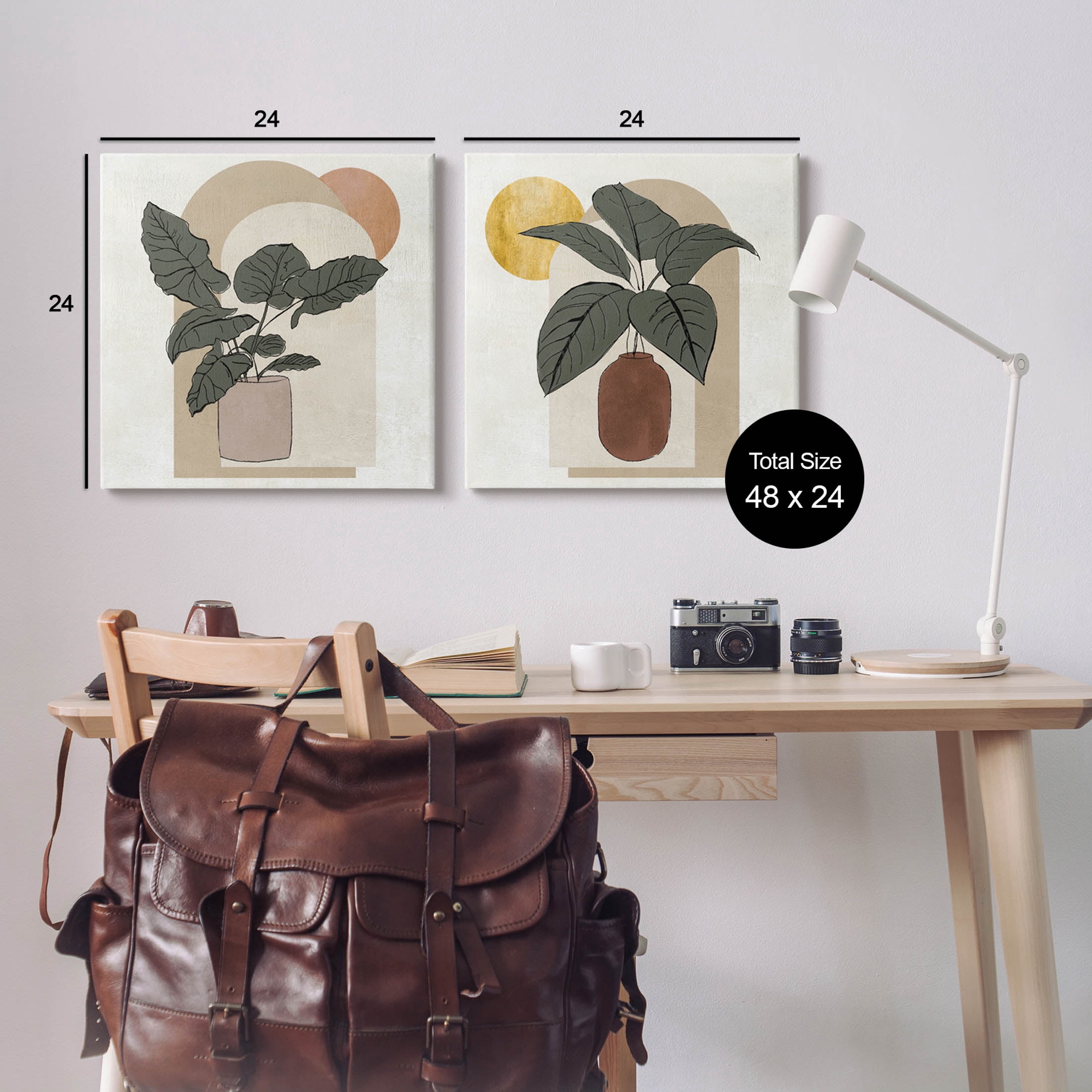Potted Plant Leaves Geometric Shapes Botanical & Floral Graphic Art Gallery Wrapped Canvas Print Wall Art, Set of 2